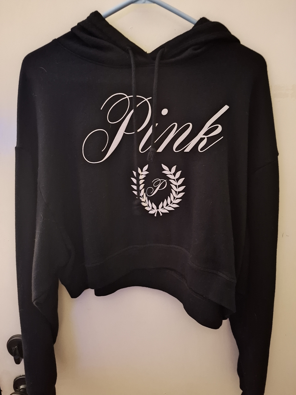 PINK Victoria's Secret Black Cropped Hoodie with White Script Logo